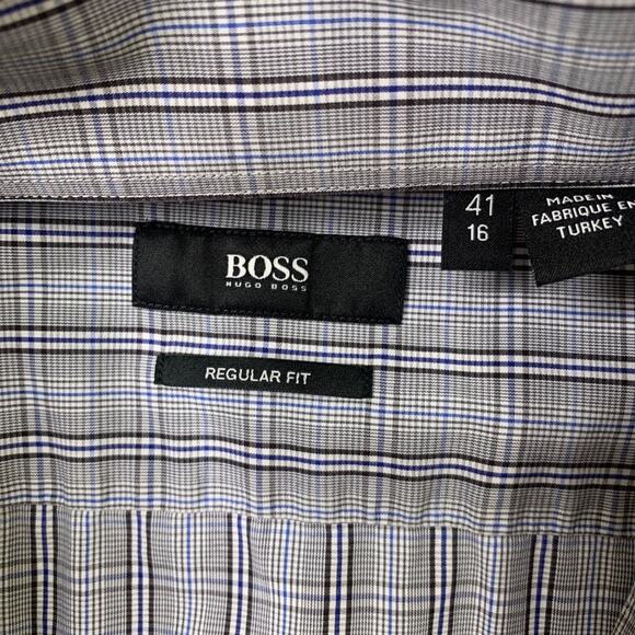 Hugo Boss Shirt Mens 41 Grey Regular Fit Check Button Up Long Sleeve Dress - Picture 3 of 7